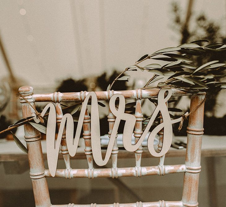 Laser Cut Mr & Mrs Signs For Chairs At Wedding // Image By Carla Blain