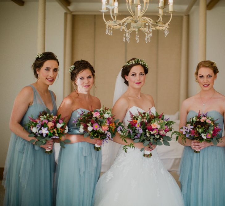 Bride in Modeca Bridal Gown | Bridesmaids in Blue Jenny Yoo Dresses | Woodland Themed Wedding at Achnagairn Estate near Inverness, Scotland | Zoe Alexander Photography