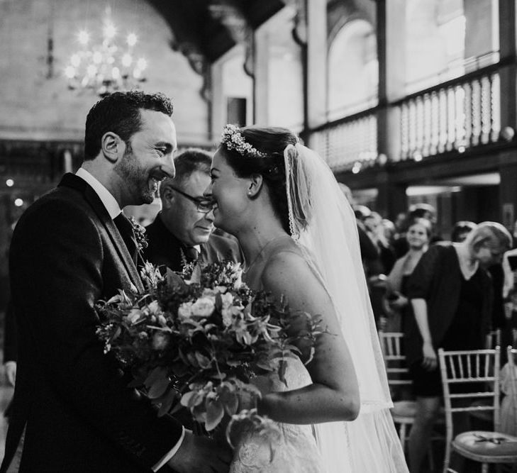 Wedding Ceremony | Bride in Modeca Bridal Gown | Groom in Tartan Kilt | Woodland Themed Wedding at Achnagairn Estate near Inverness, Scotland | Zoe Alexander Photography