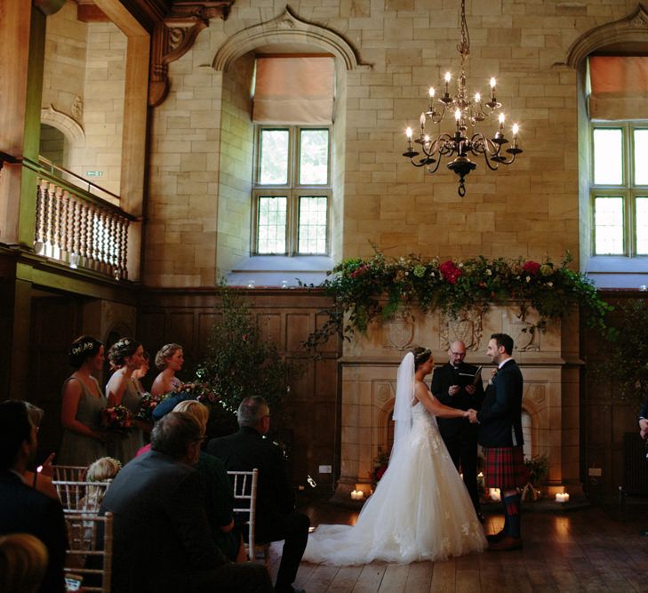 Wedding Ceremony | Bride in Modeca Bridal Gown | Groom in Tartan Kilt | Woodland Themed Wedding at Achnagairn Estate near Inverness, Scotland | Zoe Alexander Photography