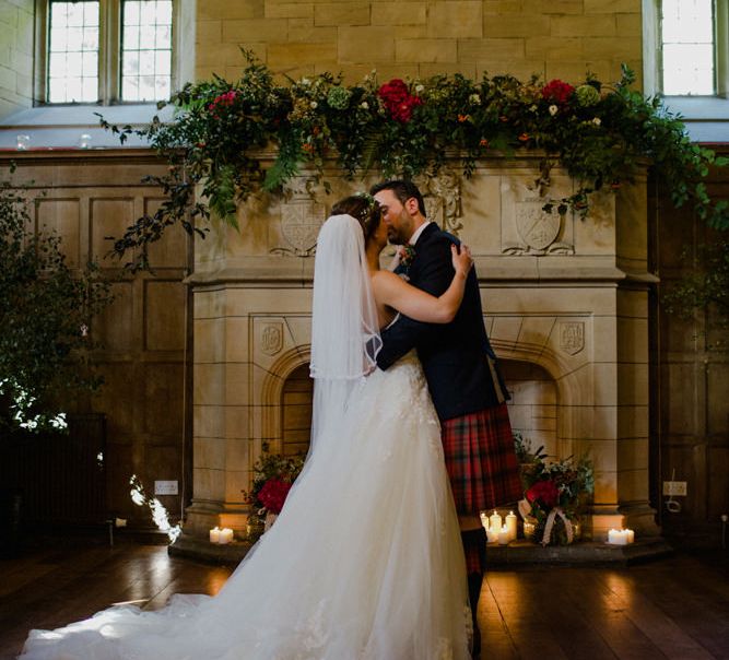 Wedding Ceremony | Bride in Modeca Bridal Gown | Groom in Tartan Kilt | Woodland Themed Wedding at Achnagairn Estate near Inverness, Scotland | Zoe Alexander Photography