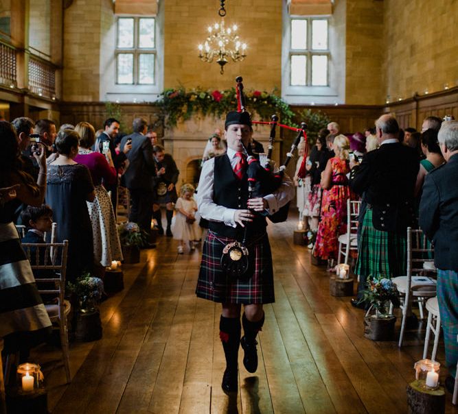 Bagpiper | Woodland Themed Wedding at Achnagairn Estate near Inverness, Scotland | Zoe Alexander Photography