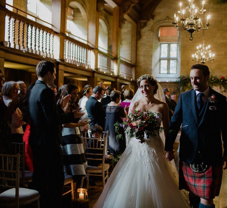 Bride in Modeca Bridal Gown | Groom in Tartan Kilt | Woodland Themed Wedding at Achnagairn Estate near Inverness, Scotland | Zoe Alexander Photography