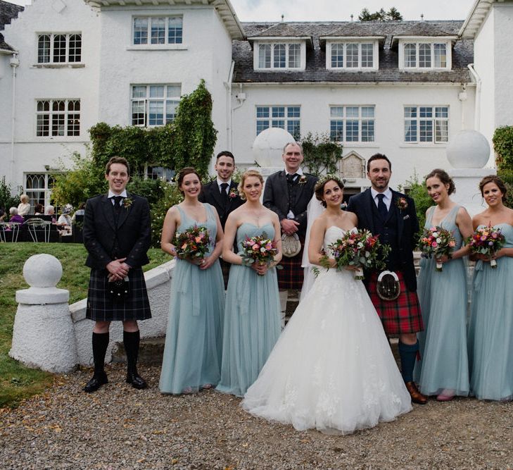 Bridesmaids in Pale Blue Jenny Yoo Dresses | Bride in Modeca Bridal Gown | Groomsmen in Tartan Kilts | Woodland Themed Wedding at Achnagairn Estate near Inverness, Scotland | Zoe Alexander Photography