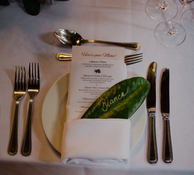 Leaf Place Setting | Woodland Themed Wedding at Achnagairn Estate near Inverness, Scotland | Zoe Alexander Photography