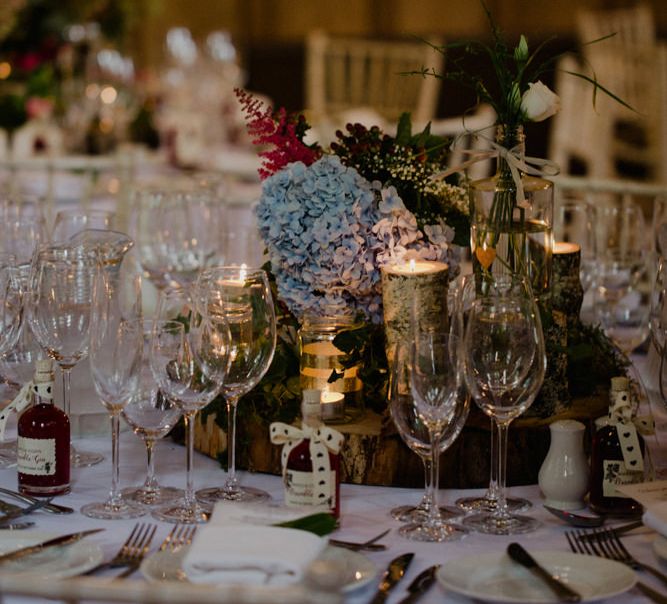 Tree Stump & Floral Centrepiece | Woodland Themed Wedding at Achnagairn Estate near Inverness, Scotland | Zoe Alexander Photography