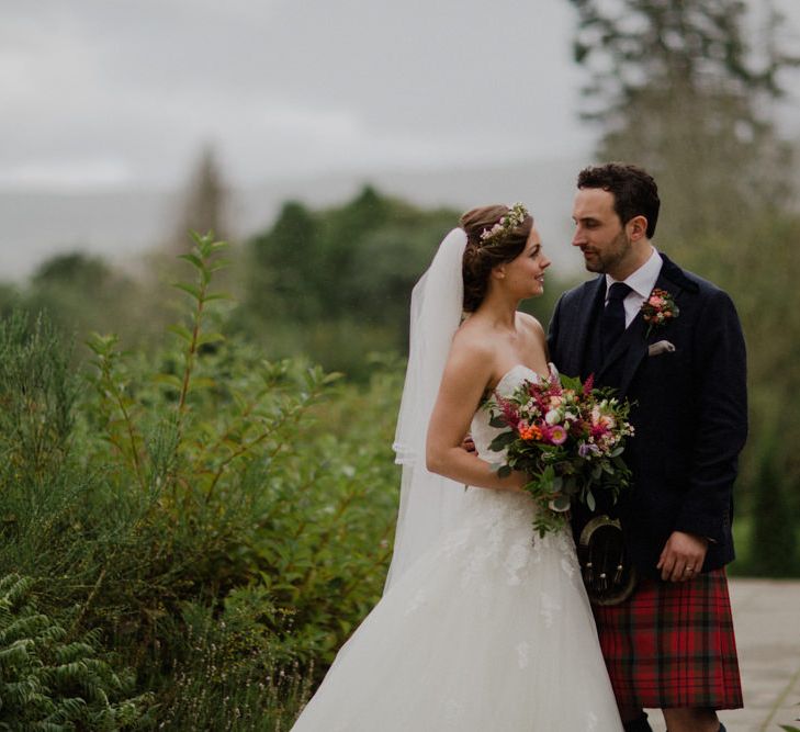 Bride in Modeca Bridal Gown | Groom in Tartan Kilt | Woodland Themed Wedding at Achnagairn Estate near Inverness, Scotland | Zoe Alexander Photography