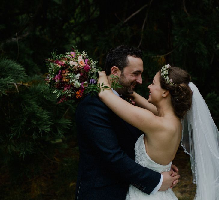 Bride in Modeca Bridal Gown | Groom in Tartan Kilt | Woodland Themed Wedding at Achnagairn Estate near Inverness, Scotland | Zoe Alexander Photography