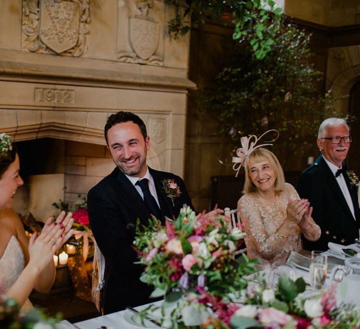 Top Table Reception | Bride in Modeca Bridal Gown | Groom in Tartan Kilt | Woodland Themed Wedding at Achnagairn Estate near Inverness, Scotland | Zoe Alexander Photography