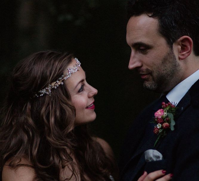 Bride in Modeca Bridal Gown | Groom in Tartan Kilt | Woodland Themed Wedding at Achnagairn Estate near Inverness, Scotland | Zoe Alexander Photography