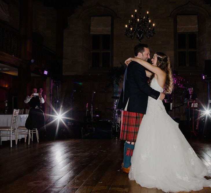 Bride in Modeca Bridal Gown | Groom in Tartan Kilt | Woodland Themed Wedding at Achnagairn Estate near Inverness, Scotland | Zoe Alexander Photography