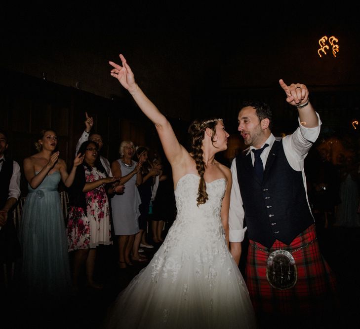 Bride in Modeca Bridal Gown | Groom in Tartan Kilt | Woodland Themed Wedding at Achnagairn Estate near Inverness, Scotland | Zoe Alexander Photography