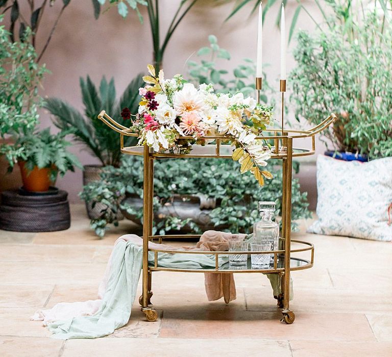 Gold Hostess Trolley | Botanical Boho Luxe Inspiration | Philippa Sian Photography