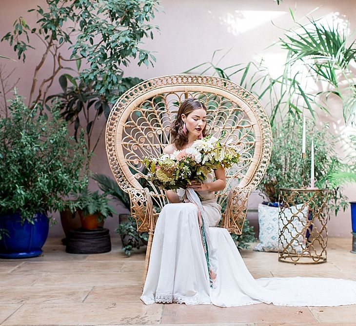 Bride on Peacock Chair | Botanical Boho Luxe Inspiration | Philippa Sian Photography