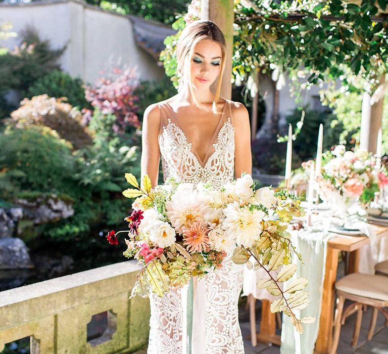 Boho Bride in Lace Wedding Dress | Botanical Boho Luxe Inspiration | Philippa Sian Photography