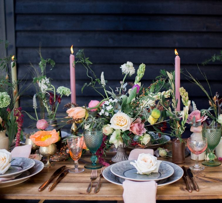 Rustic Table Scape For Wedding With Pink Candles