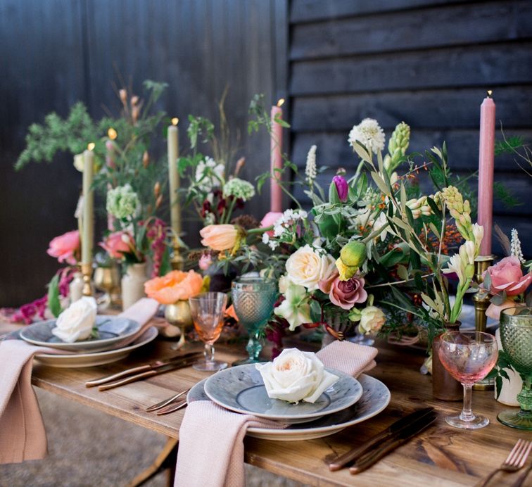 Rustic Table Scape For Wedding With Pink Candles