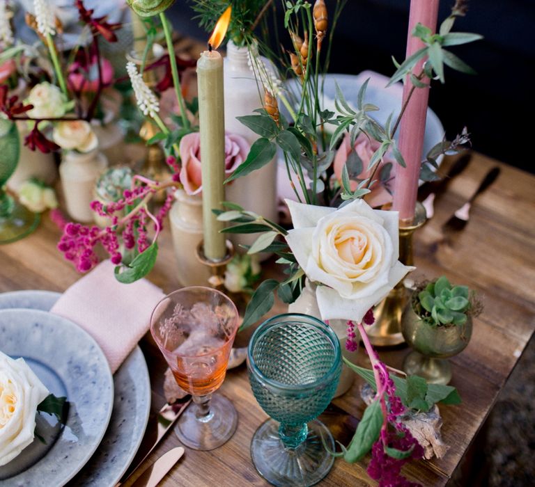 Rustic Table Scape For Wedding With Pink Candles