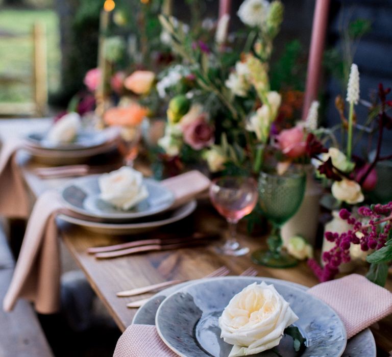 Rustic Table Scape For Wedding With Pink Candles