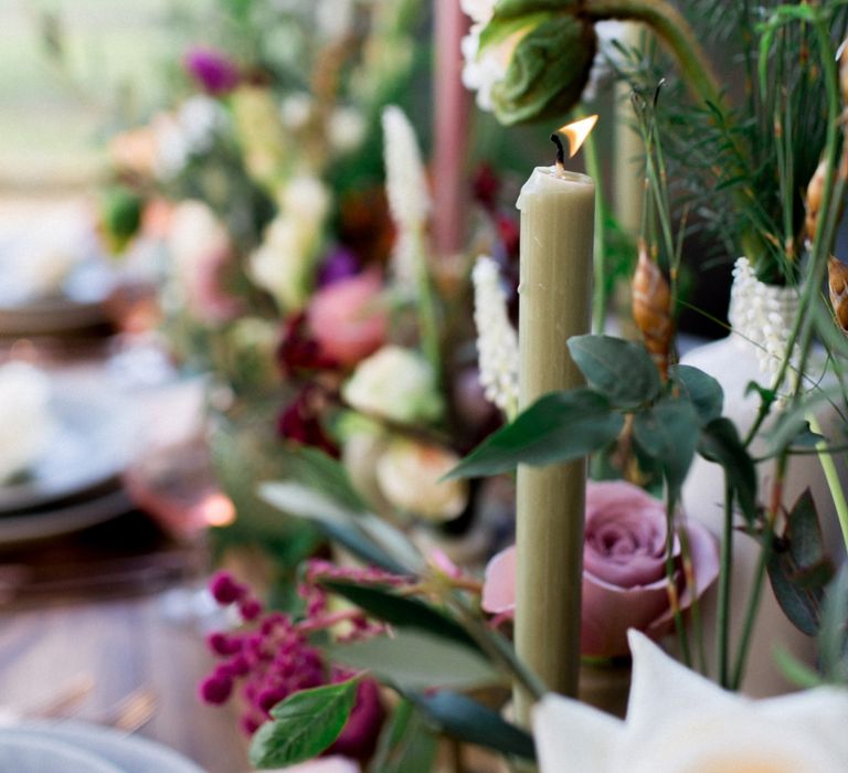 Rustic Table Scape For Wedding With Pink Candles