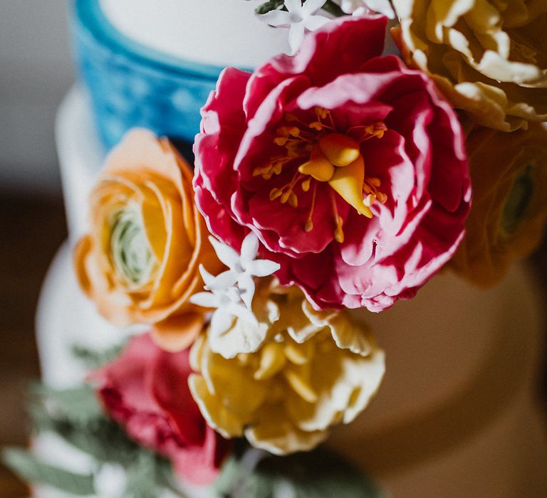 Brightly Coloured Wedding Cake With Sugar Flowers