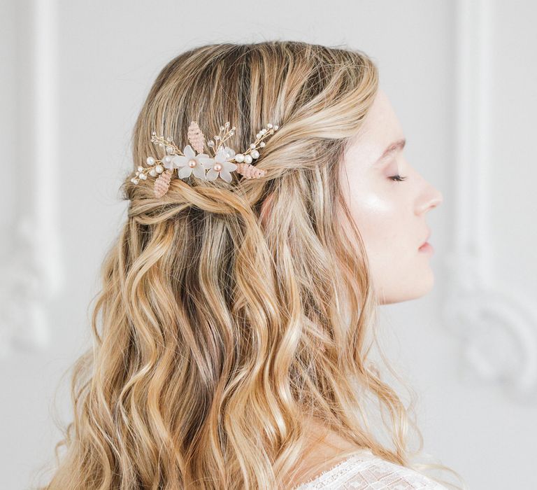 Senna gold and blush flower wedding hair comb