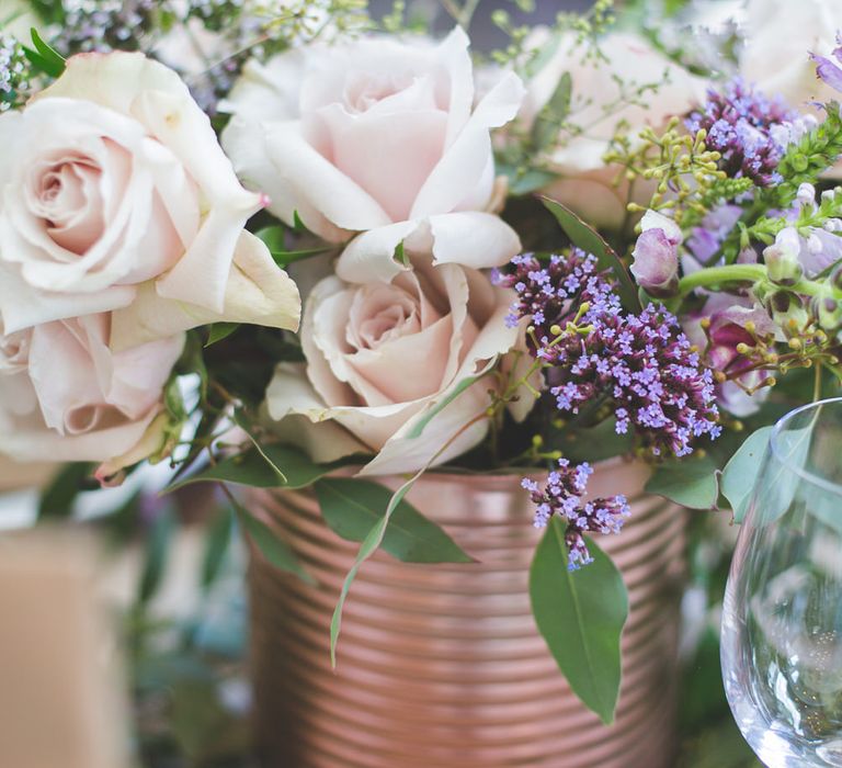 Rose Gold Spray Painted Tin Cans & Wedding Flowers | Kirsty Mackenzie Photography | Insta Wedding Films