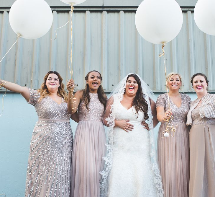 Bride in Lace Oleg Cassini Wedding Dress from Davids Bridal | Bridesmaids in Rose Gold ASOS Sequin Dresses | Kirsty Mackenzie Photography | Insta Wedding Films