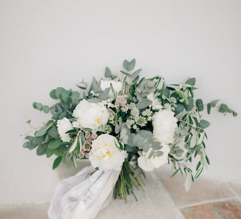 Green & White Wedding Bouquet With Silk Ribbon