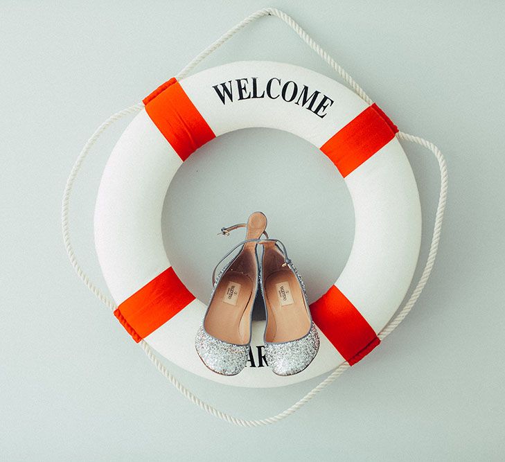 silver Glitter Shoes | Bright Coastal Wedding at East Quay Venue in Whitstable | Deborah Grace Photography