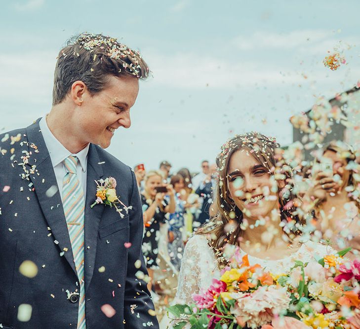 Confetti Moment | Bride in Elizabeth Avey Bridal Gown | Groom in Paul Smith Suit | Bright Coastal Wedding at East Quay Venue in Whitstable | Deborah Grace Photography