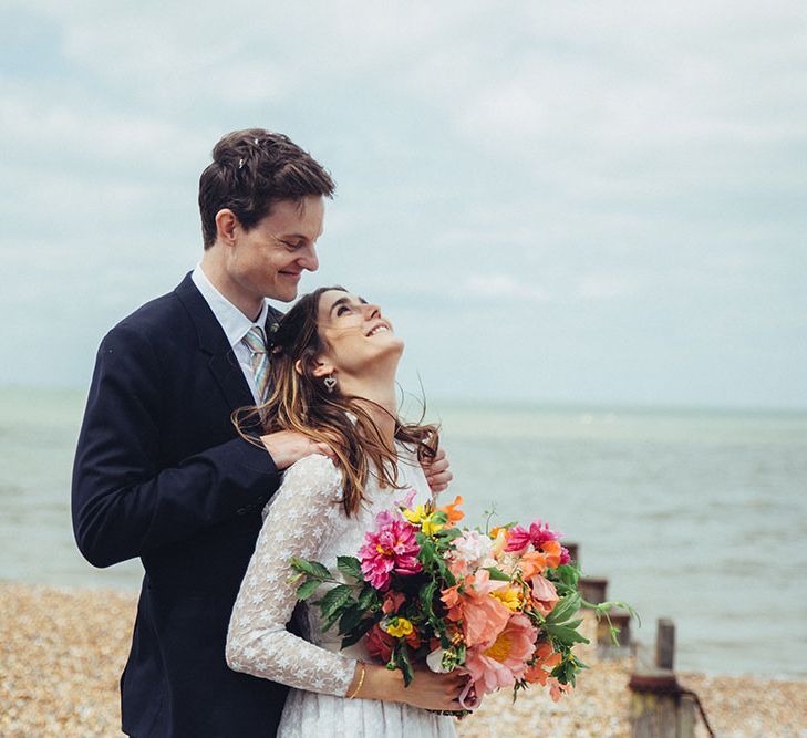 Bride in Elizabeth Avey Bridal Gown | Groom in Paul Smith Suit | Bright Coastal Wedding at East Quay Venue in Whitstable | Deborah Grace Photography