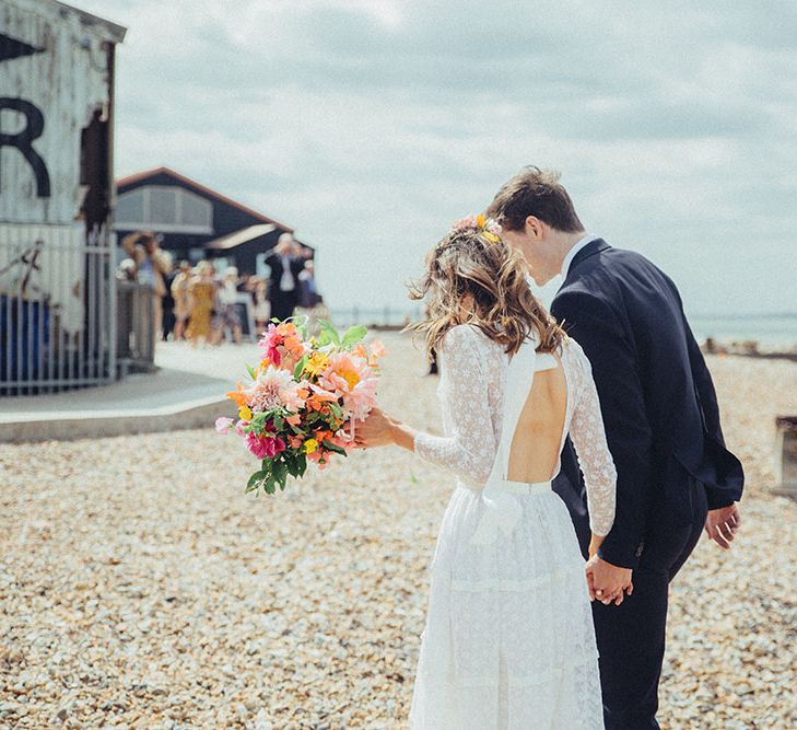 Bride in Elizabeth Avey Bridal Gown | Groom in Paul Smith Suit | Bright Coastal Wedding at East Quay Venue in Whitstable | Deborah Grace Photography