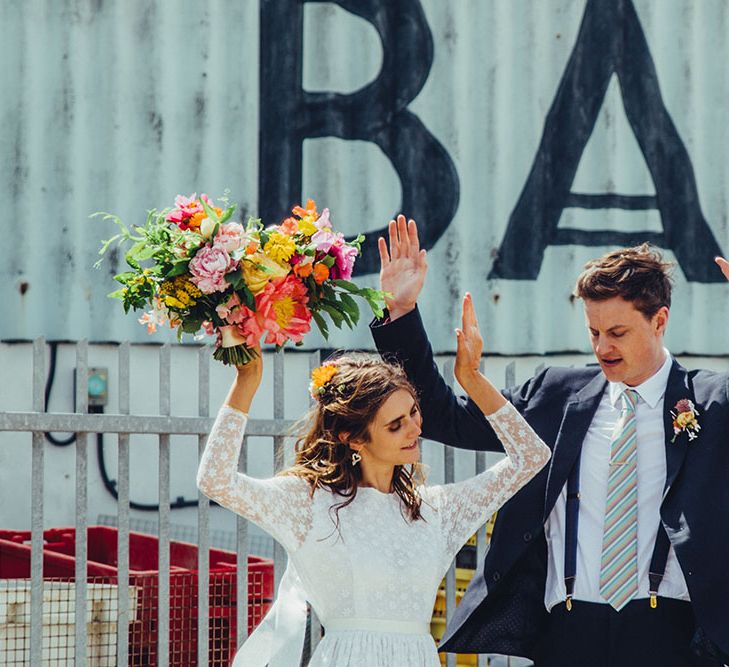 Bride in Elizabeth Avey Bridal Gown | Groom in Paul Smith Suit | Bright Coastal Wedding at East Quay Venue in Whitstable | Deborah Grace Photography