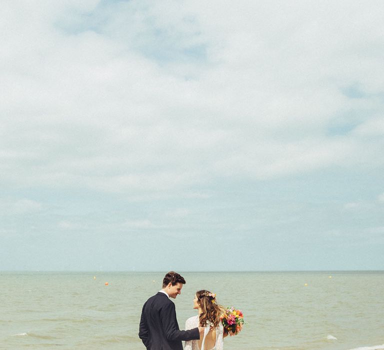 Bride in Elizabeth Avey Bridal Gown | Groom in Paul Smith Suit | Bright Coastal Wedding at East Quay Venue in Whitstable | Deborah Grace Photography