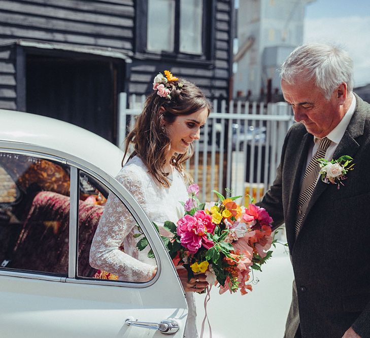 Bride in Elizabeth Avey Bridal Gown | Bright Coastal Wedding at East Quay Venue in Whitstable | Deborah Grace Photography