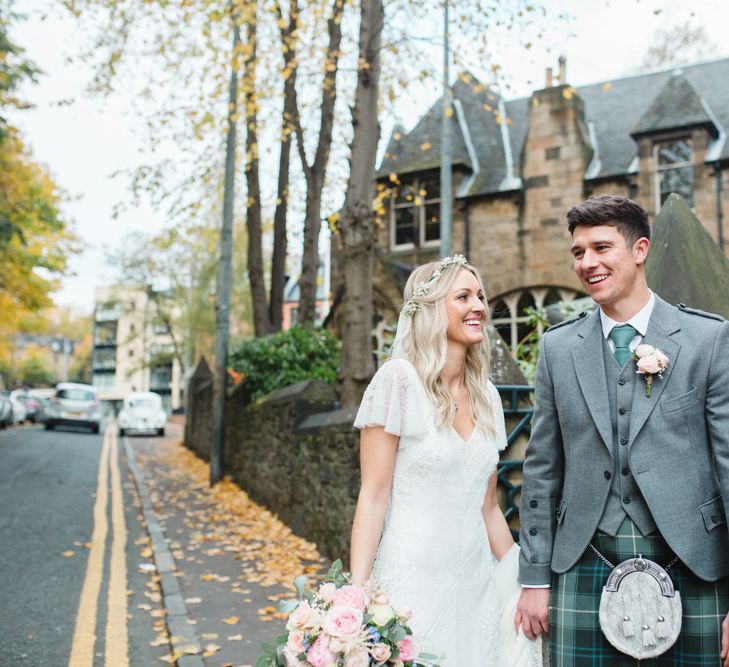 Bride in Eliza Jane Howell Wilma Wedding Dress | Groom in Kilt | The Gibson's Photography | Second Shooter Martin Venherm | White Balloon Films