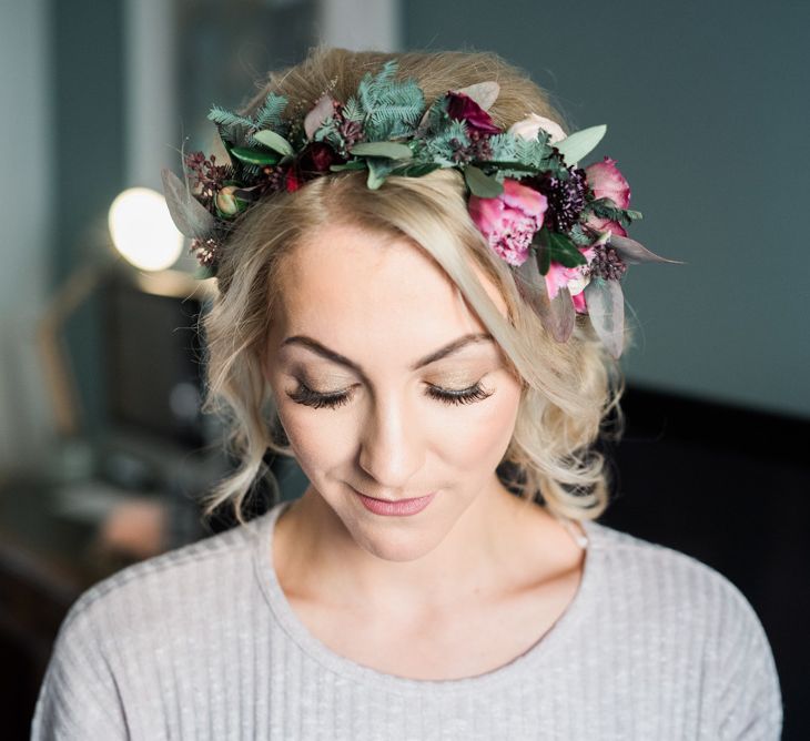 Bride In Floral Crown With Berry Tones