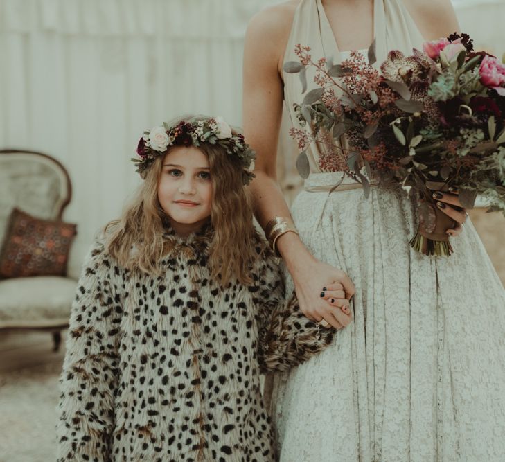 Flower Girl With Dalmatian Print Faux Fur Jacket & Flower Crown