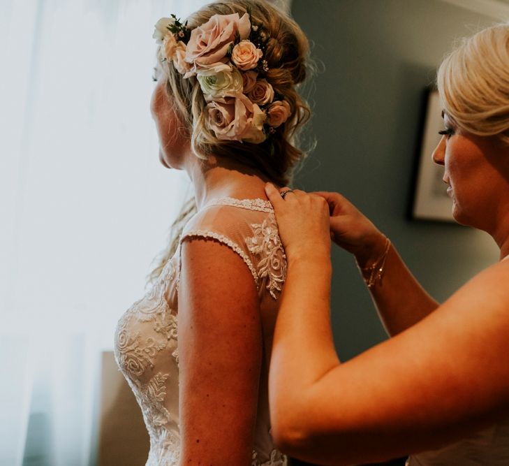 Bride Getting Ready in Lace Lillian West Wedding Dress | Benjamin Stuart Photography