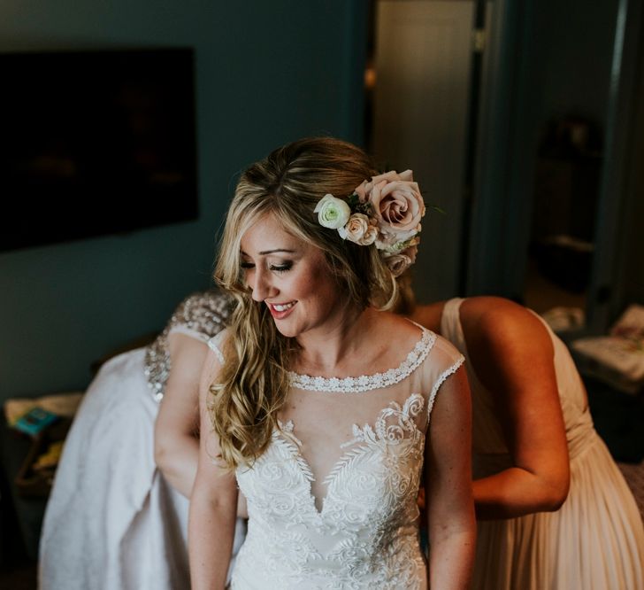 Bride Getting Ready in Lace Lillian West Wedding Dress | Benjamin Stuart Photography