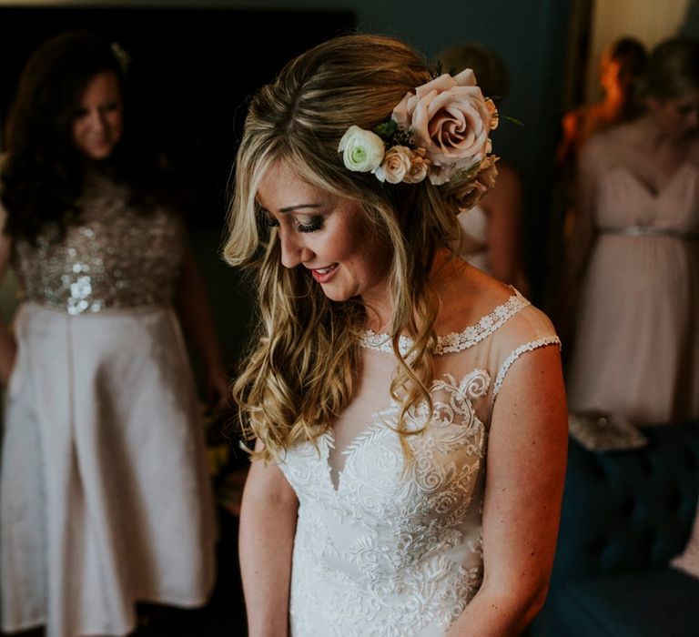 Bride Getting Ready in Lace Lillian West Wedding Dress | Benjamin Stuart Photography