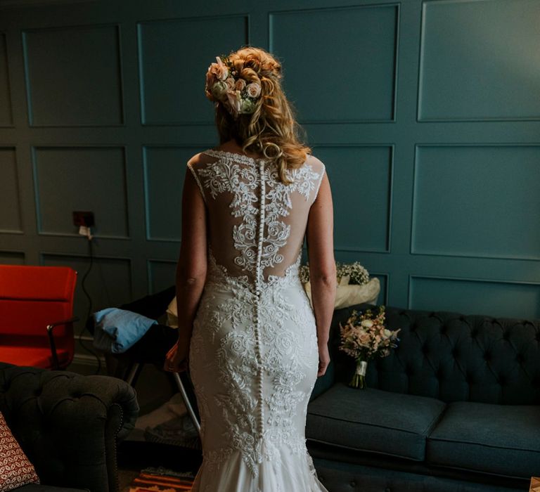 Bride Getting Ready in Lace Lillian West Wedding Dress | Benjamin Stuart Photography