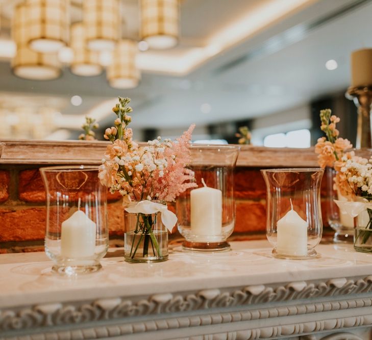 Flower Stems in Jars & Hurricane Vases with Candles | Wedding Decor | Coppa Club, Sonning | Benjamin Stuart Photography