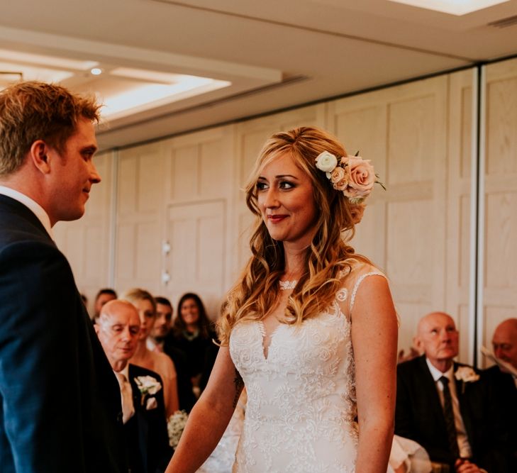 Wedding Ceremony | Coppa Club, Sonning | Lace Lillian West Wedding Dress | Benjamin Stuart Photography