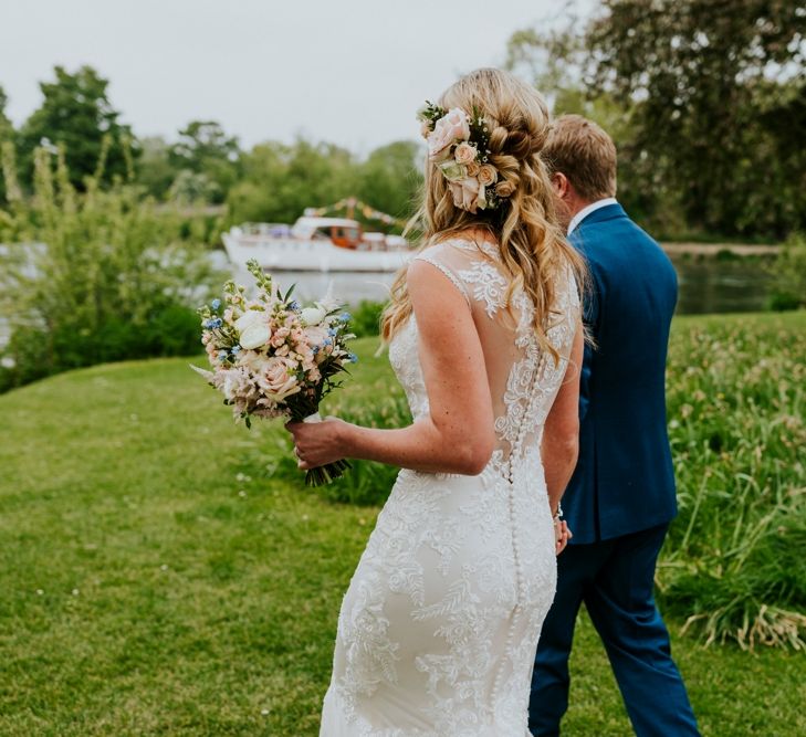 Bride in Lace Lillian West Wedding Dress | Groom in T.M Lewin Navy Suit | Benjamin Stuart Photography