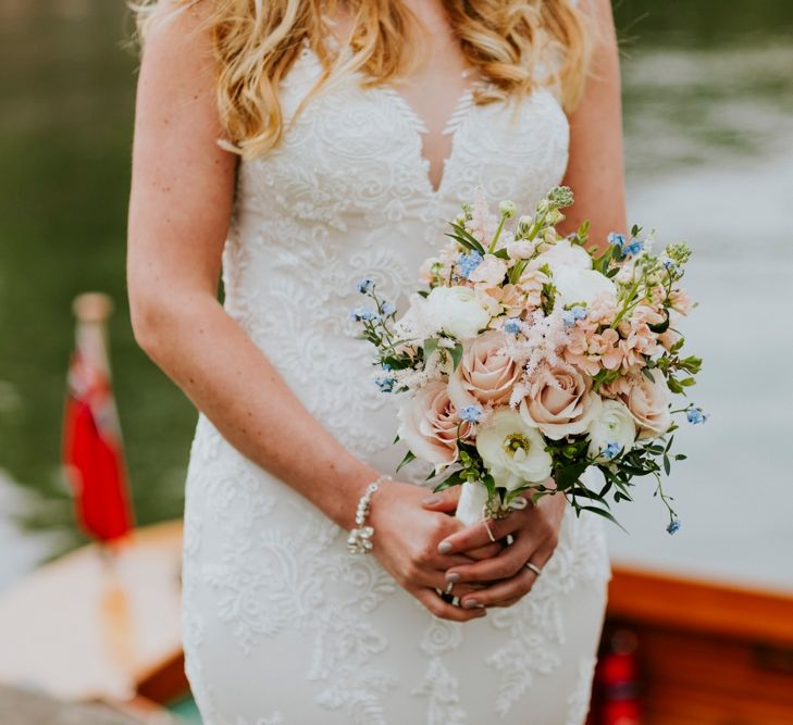 Blush Pink Wedding Bouquet | Bride in Lace Lillian West Wedding Dress | Groom in T.M Lewin Navy Suit | Benjamin Stuart Photography