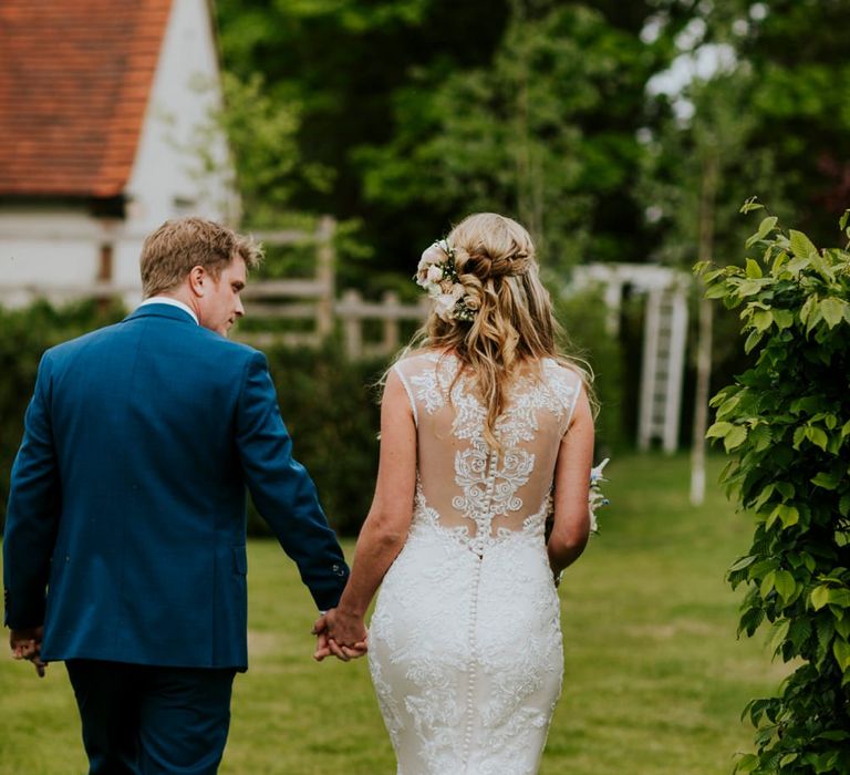 Bride in Lace Lillian West Wedding Dress | Groom in T.M Lewin Navy Suit | Benjamin Stuart Photography