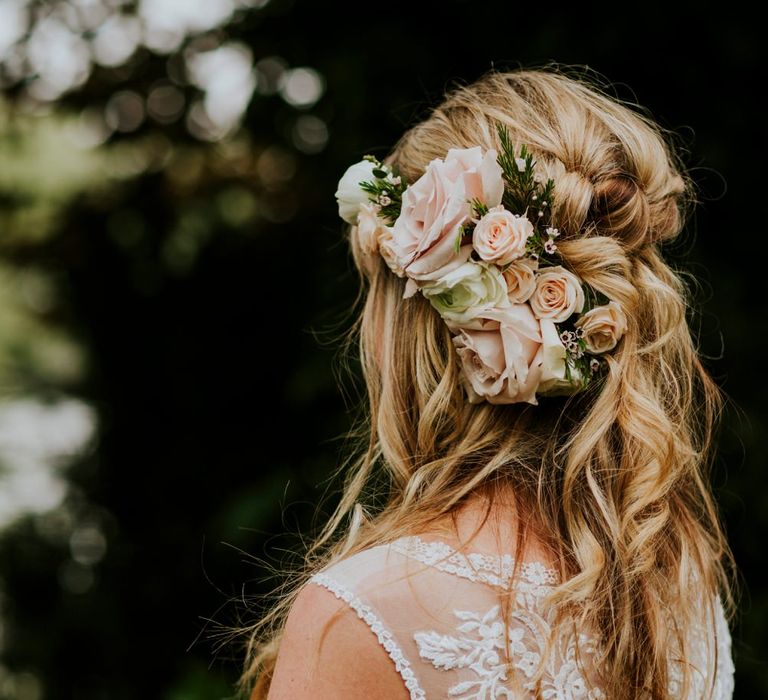 Bride in Lace Lillian West Wedding Dress | Bridal Up Do with Fresh Flowers | Benjamin Stuart Photography