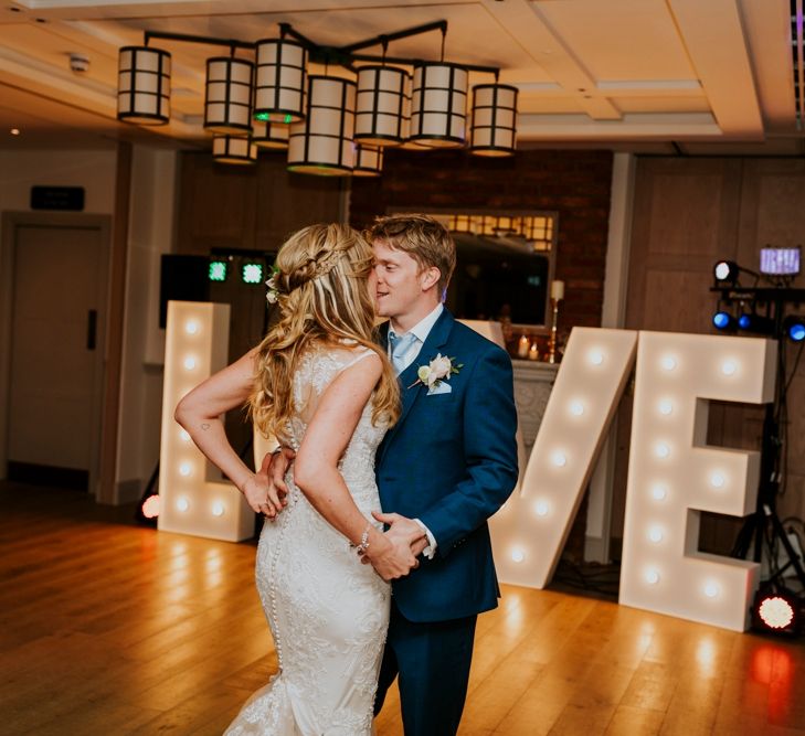 First Dance | Bride in Lace Lillian West Wedding Dress | Groom in T.M Lewin Navy Suit | Benjamin Stuart Photography